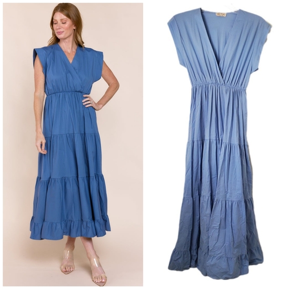 Sofia Women's Blue Tahoe Dress - Cotton Surplice Tiered Maxi Midi Made In Italy - Picture 1 of 13